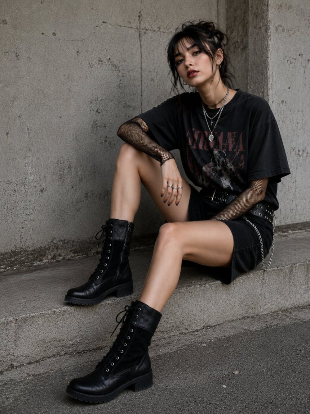 Black Combat Lace Up Lug Moto Boots Booties 9